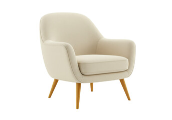 Modern beige upholstered armchair with wooden legs isolated on transparent background