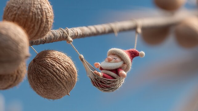 christmas vacation on the beach concept. A cozy figure relaxing in a woven hammock against a blue sky. - Powered by Adobe