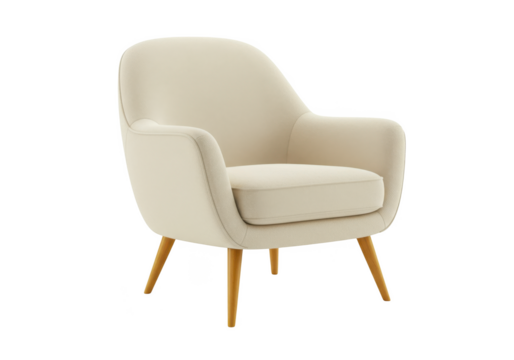 Modern beige upholstered armchair with wooden legs isolated on transparent background