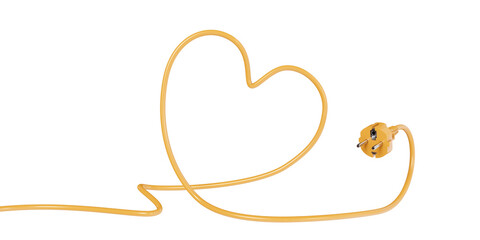 Heart-shaped Cable Plug in yellow. Isolated on a transparent background. 3D illustration