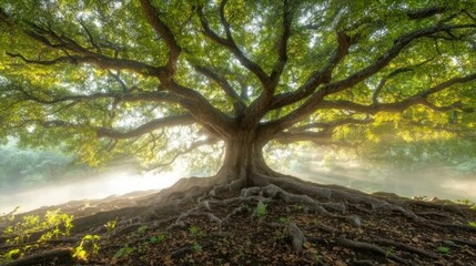 Obraz premium Ancient, sprawling tree, sunlight filtering through lush canopy