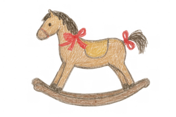 Children's hand-drawn rocking horse illustration with vintage charm, playing and imagination concept on transparent