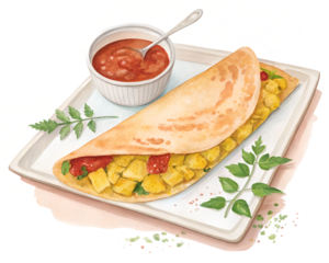 Watercolor masala dosa, thin golden crepe with red chutney line, potato filling in yellow-ochre, transparent background PNG.