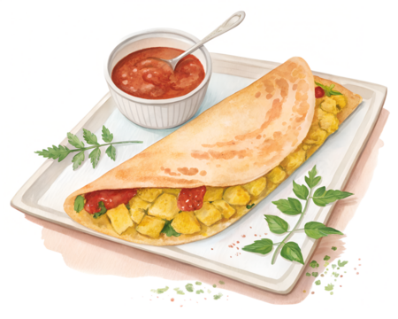 Watercolor masala dosa, thin golden crepe with red chutney line, potato filling in yellow-ochre, transparent background PNG.