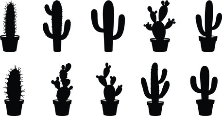 Cactus silhouette in pots collection, desert plant vector set, succulent artwork, botanical illustration, arid flora design, cad drawing flat vector illustration