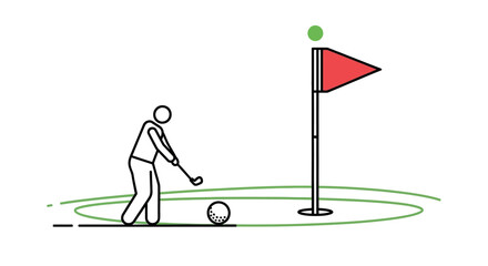 Minimalist golf scene illustration with golfer, ball, green and flag for sports concept