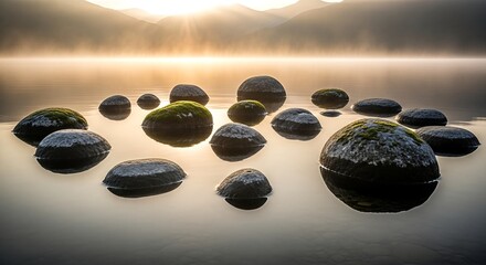 Lake rocks at sunrise serene water landscape smooth stones