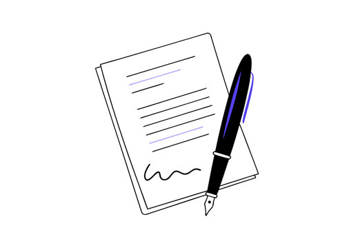 Contract document with fountain pen, signed agreement, legal paperwork, business deal, formal documentation illustration, isolated on a transparent background