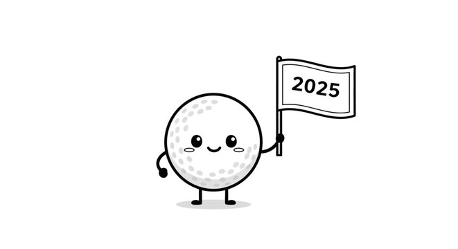 Whimsical golf ball character heralds the arrival of the golfing year 2025 on the greens