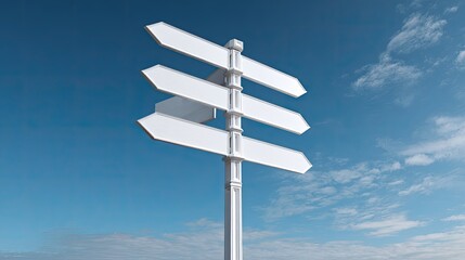 White directional signpost points against a cloudy blue sky