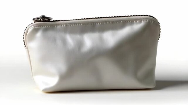 A simple white zippered pouch with a metallic pull shown against a plain white background
