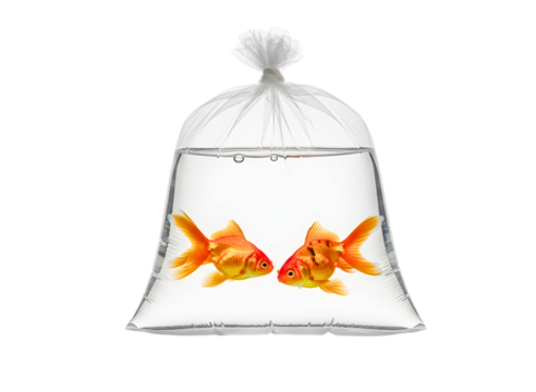 Goldfish in a plastic bag of water isolated on white isolated on transparent background