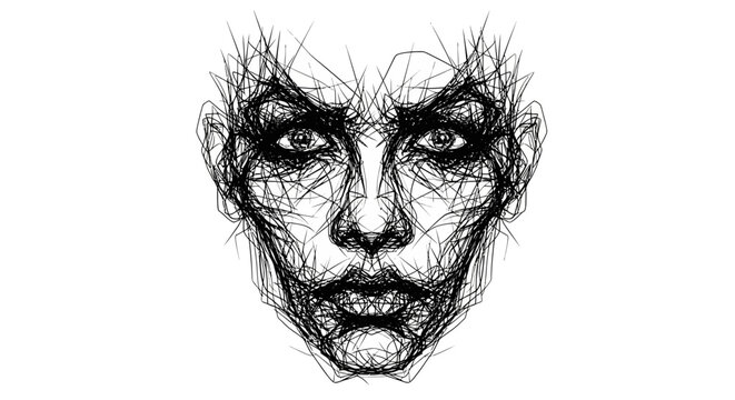 Distorted facial portrait crafted with chaotic lines and stark contrasts evoking unsettling