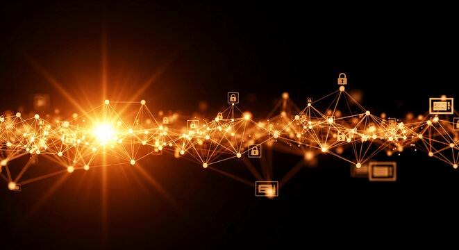Abstract network of glowing connections, forming lock and file icons against dark backdrop, represents security, connectivity and data protection - Powered by Adobe