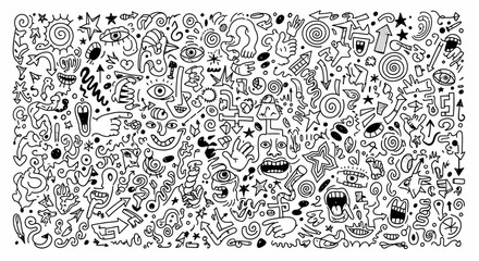 Energetic doodle chaos: an intricate and expressive hand-drawn graphic art full of vitality