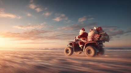 christmas vacation on the beach concept. Santa riding an ATV on a sunset beach with gifts in tow.