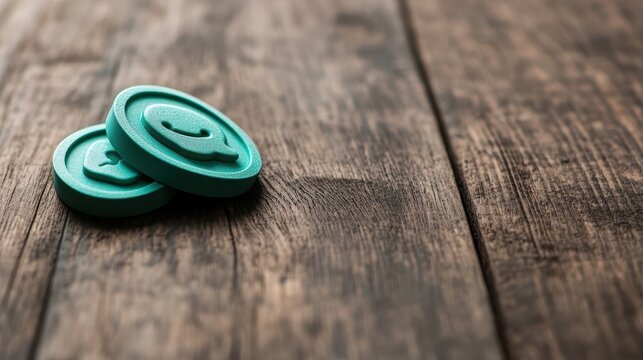 Teal meme symbols resting on dark wooden planks. Concepts of modern digital marketing, viral content creation, and online brand promotion.
