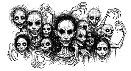 Eerie gathering of grotesque figures illustration evokes a sense of haunting dread and gothic