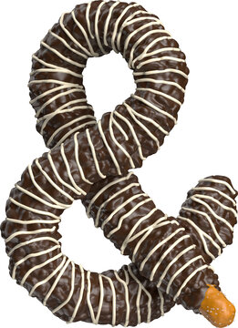 Ampersand Symbol made of a Chocolate. Covered Pretzel Rod with White Icing Stripes. Sweet Dessert Typography Concept. 3D isolated illustration