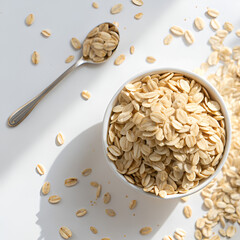 Bowl and spoon filled with rolled oats on white background, healthy breakfast ingredient