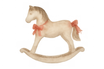 Watercolor rocking horse toy with a red ribbon. Symbolizing childhood, nostalgia, and baby room themes. Transparent background