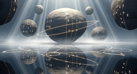 Mysterious spheres with glyphs floating above reflective surface