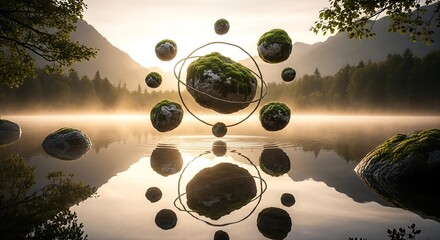 Mystical Floating Stones Above Serene Lake Reflecting Mountain Scenery.