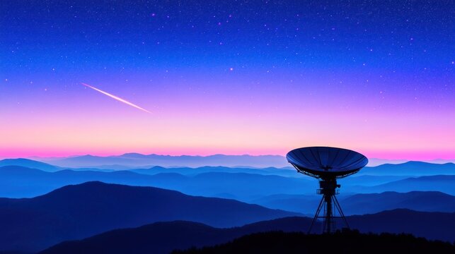 Satellite dish on a mountaintop under a colorful starry sky, meteor streaks