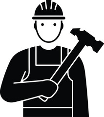 Construction worker silhouette icon, labor man with hard hat and hammer, industrial job vector illustration, safety design, cad drawing flat vector illustration