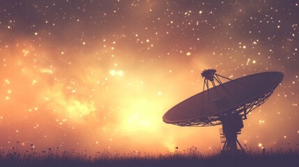 Silhouette of a large dish antenna against a vibrant, starry, cosmic sky