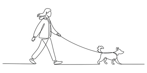 Continuous line art drawing of a woman walking her pet dog on a leash