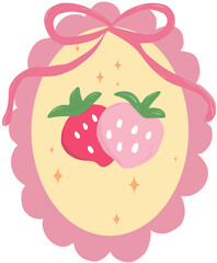 Cute Strawberry Badge with Pink Ribbon and Scalloped Border, Sweet Design