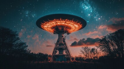 Large satellite dish points towards a starry sky, glowing orange from within