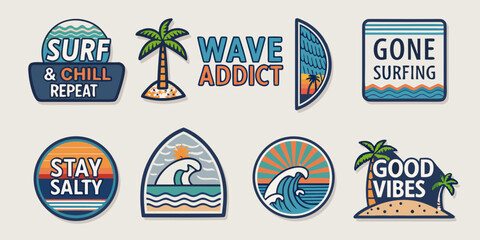 Collection of retro style surfing and beach themed graphic patches with inspirational quotes and ocean imagery