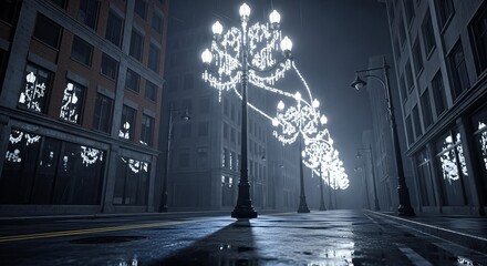 Nighttime City Street Illuminated by Festive Streetlights and Buildings.