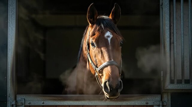 A dramatic portrait of a horse breathing steam in a stable. Close-up of an equine face with vapor coming from its nostrils on a cold day. Powerful animal cinemagraph concept