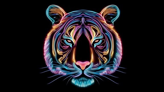 Colorful neon tiger face design with vibrant patterns