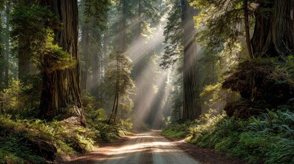 Obraz premium Sunlight streams through redwood forest path