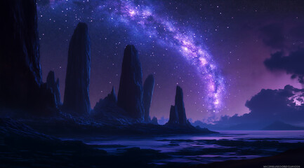 Blue night desert with stone towers and bright stars, serene sci fi photo with purple haze and long shadows.