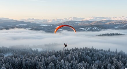 Vibrant Orange Paraglider Soaring Above a Sea of Fog and Snowy Mountains at Dawn