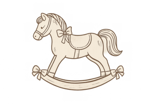Rocking horse illustration evoking nostalgia and classic childhood play. A vintage wooden toy with decorative bows
