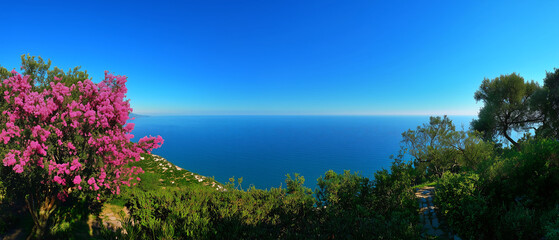 Misty morning on the Amalfi coast shows a calm sea and tiered hills, bright flowers color the cliff edge