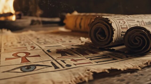 Ancient Egyptian Scrolls and Symbols - This video captures a close-up view of weathered Egyptian scrolls and a papyrus sheet adorned with hieroglyphs, including the ankh and the eye of Horus.