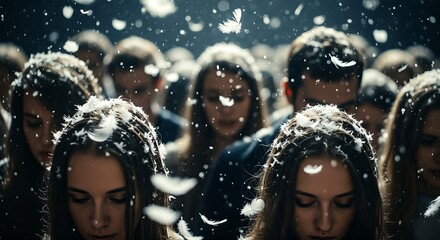 People in a crowd with feathers falling from the sky.