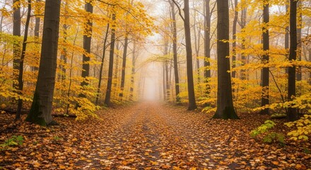 A tranquil path winds through a golden autumn forest with fallen leaves.