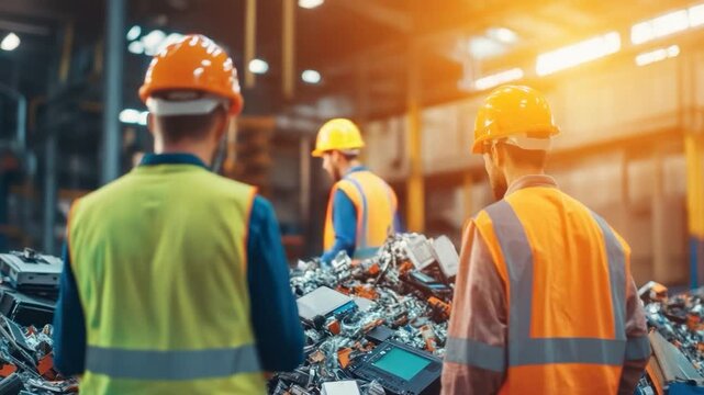 Workers in a recycling facility sorting electronic waste