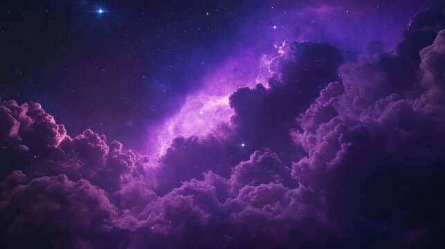Ethereal purple cosmos with glowing nebula and puffy clouds of star dust