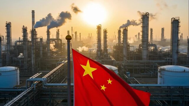 Chinese flag waves over a large oil refinery at sunrise. Industrial factory with smokestacks emitting pollution. China's energy production and economic power concept