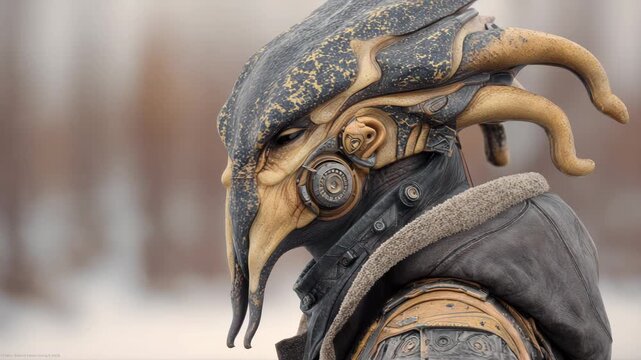 detailed, photo-realistic side portrait of a mottled black and Side portrait alien warrior wearing futuristic clothing against a blurred cold background.