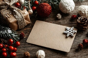 Brown card with a snowflake on it sits on a wooden table with a bunch of red and white Christmas decorations